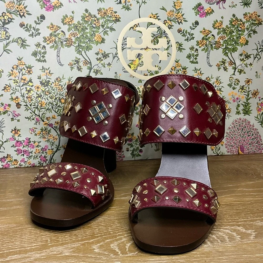 Tory Burch Kingsbridge Studded Open-Toe Wedge Sandal Red Agate Size 7